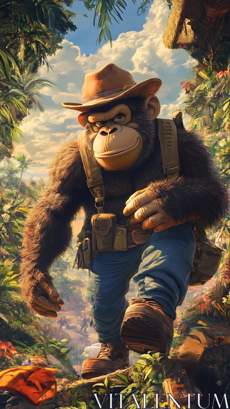 Gorilla explorer strides through lush jungle ravine