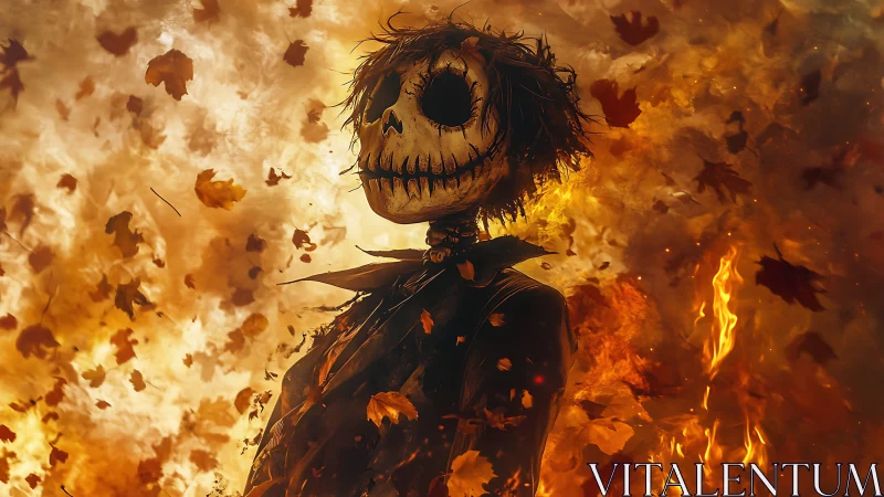 Scarecrow skull figure wreathed in burning autumn leaves.