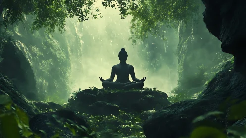Meditating figure in lush green forest clearing at dawn.