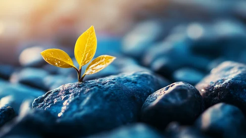 Bright yellow seedling emerging from wet stones, macro nature scene.