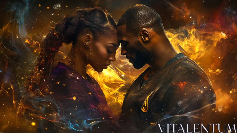 Two figures face each other surrounded by swirling fire and light