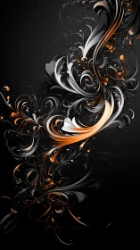 Metallic orange fractal swirls slice through black void.
