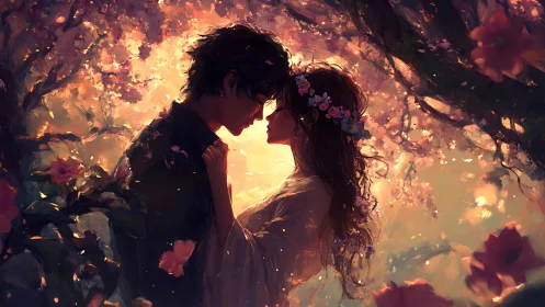 Two Hearts Glowing Under Cherry Blossom Canopy.