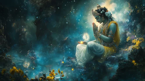 Blue-skinned deity meditates above glowing cosmic landscape