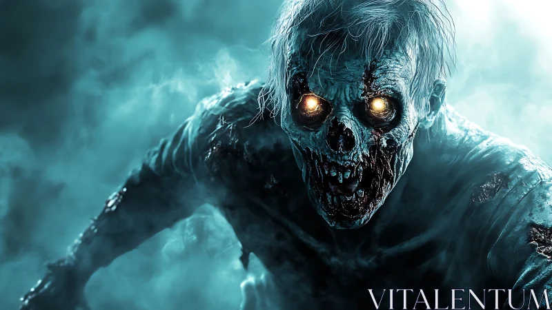 Corpse-like zombie advances through cyan fog in high contrast