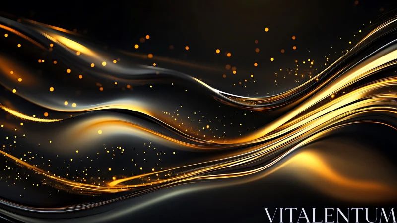 Metallic golden light waves on dark abstract background.