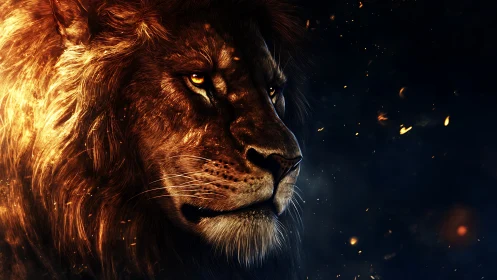 Fiery side profile of lion against dark embered void.