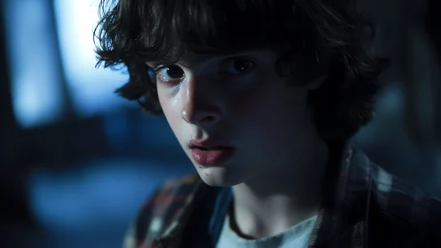 Dimly lit close-up portrait of curly haired teenage boy.