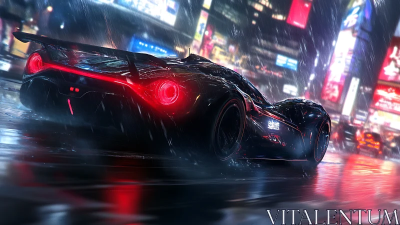 Sleek black supercar on wet neon city street at night.