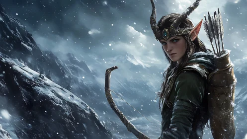 Elven archer in horned crown surveys blizzard-swept ridgeline