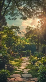 Stone path runs through densely planted garden at sunset