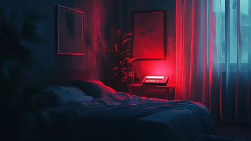 Bedroom interior with red keyboard light and window curtain.