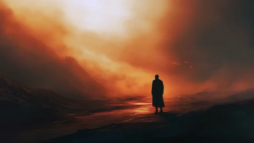 Solitary figure walks through a fiery, mist-filled wasteland.