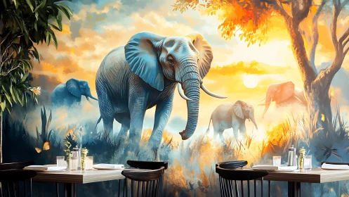 Elephant herd mural unites warm sunrise gradients and cool tones