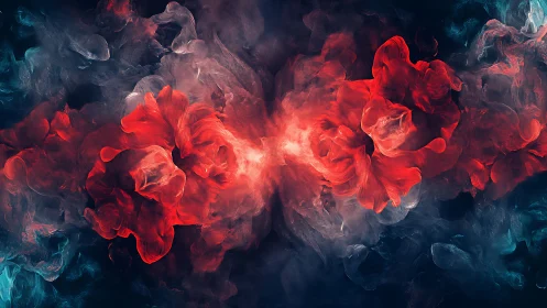 Crimson nebula clouds swirl through deep cosmic shadows.