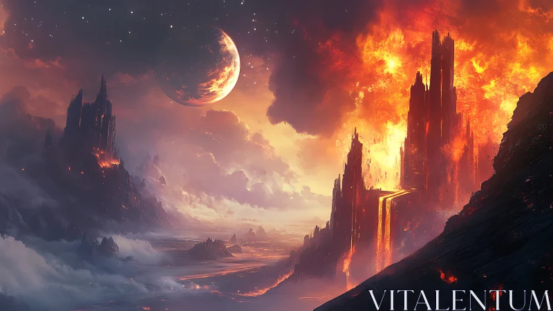 Lava citadel and burning cliffs under alien moon.