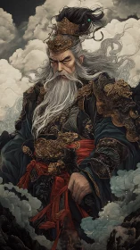 Imperial warlord in ornate golden armor rises amid clouds.