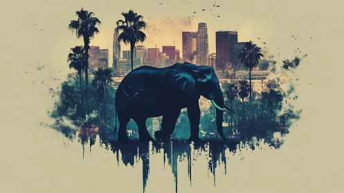 Urban skyline composite with silhouetted elephant foregrounded.