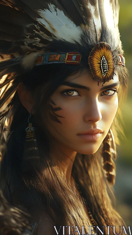 Portrait of young woman in feathered headdress outdoors.