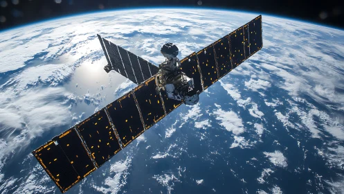 Solar-winged sentinel gliding over sunlit blue Earthscape.