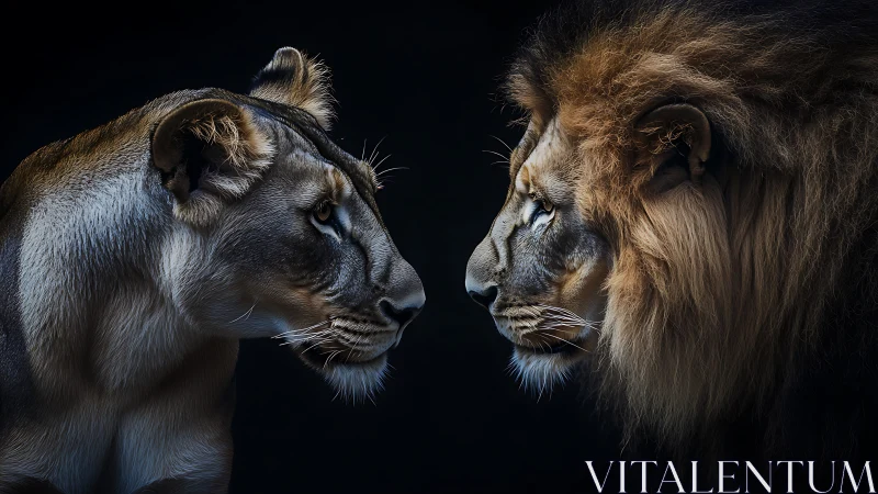 Lion and Lioness Face Off in Dramatic Portrait.