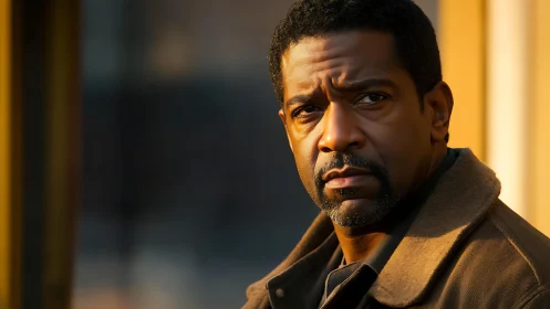 Stoic man in warm evening light, contemplative street portrait.