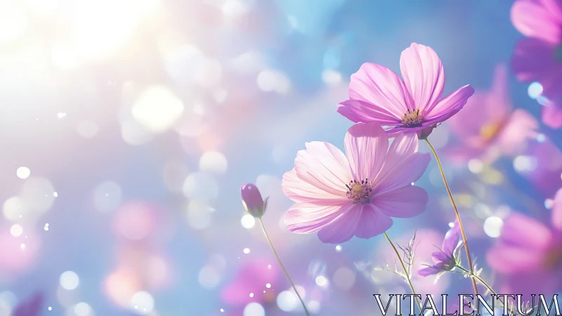 Soft pink cosmos flowers bathed in ethereal sunlight.