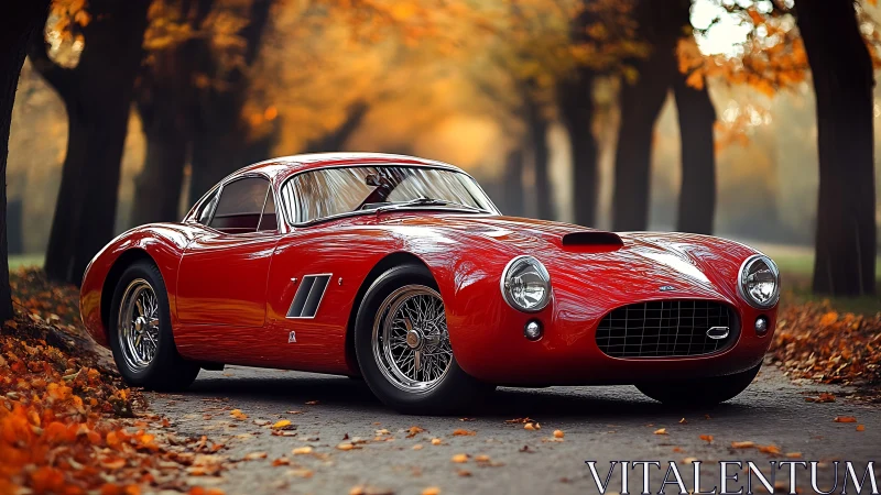Classic red sports car glowing on a peaceful autumn road.