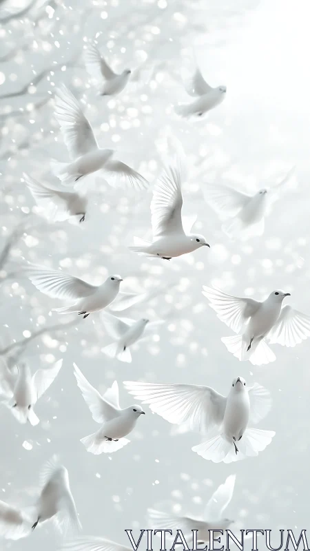 Graceful white doves rise together in a soft winter sky