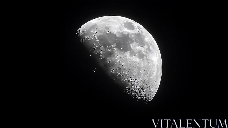 Detailed half moon with craters in deep black night sky.