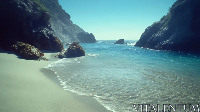 Sunlit cove shoreline with clear turquoise shallows.