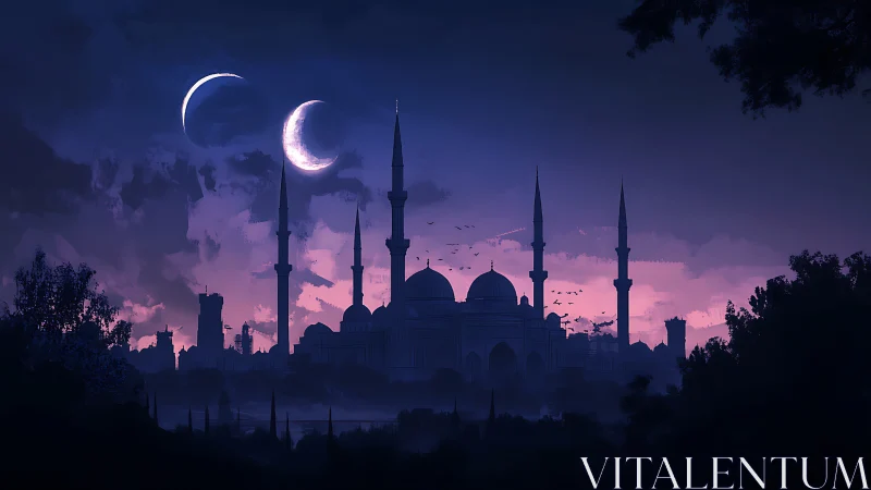 Twin moons drift above mystic minarets at violet dusk.