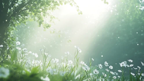 Morning sunlight pours over tranquil wildflower meadow.