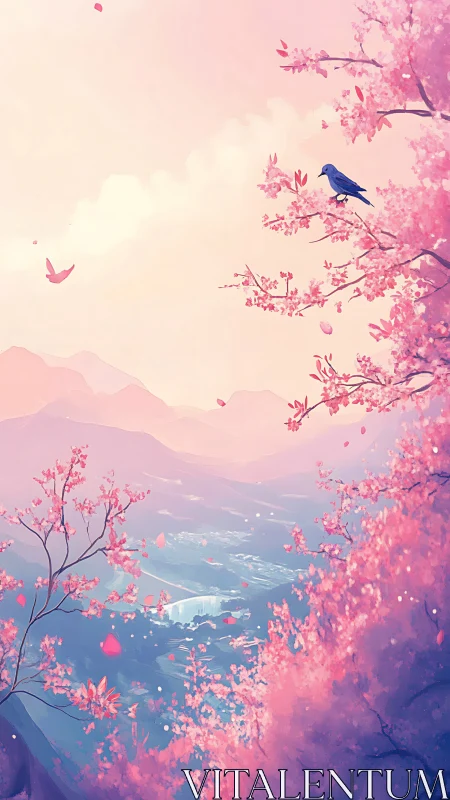 Aerial valley panorama with sakura canopy and perched bird.