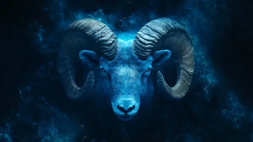 Celestial blue ram portrait in luminous cosmic nebula glow.