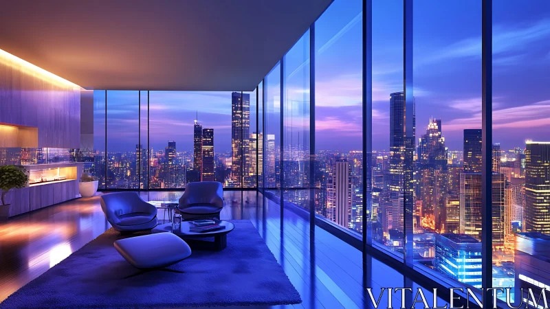Luxury penthouse interior overlooks neon city skyline