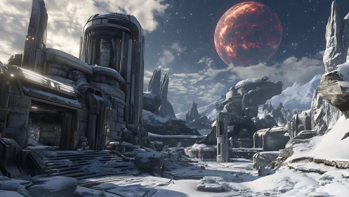 Snow-covered sci fi base stands beneath large red planet