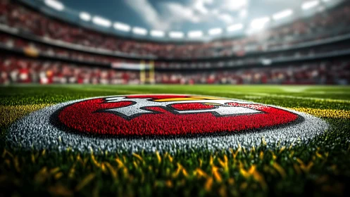 Vibrant football field logo under stadium floodlights.