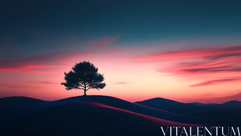 Solitary tree on hill under pink and blue sunset sky.