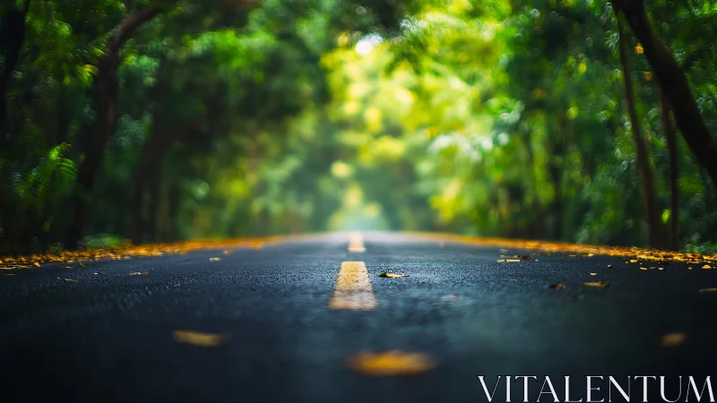 Road through emerald canopy under filtered sunlight. Deep perspective.