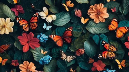 Butterflies among dense tropical foliage and flowers.