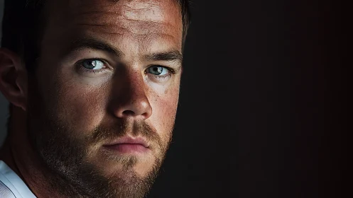 Photorealistic low-key male portrait in tight close-up profile.