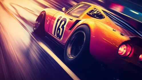 Rear perspective of numbered orange race car in motion.