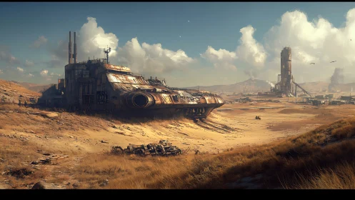 Sunlit desert scrapyard embracing a forgotten starship.