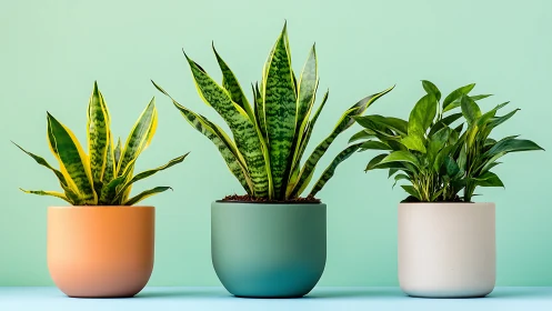 Color-blocked houseplants in matte ceramic pots on teal.