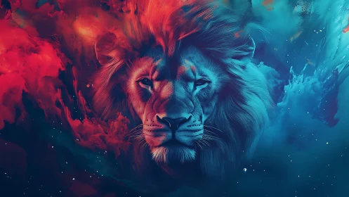 Celestial lion gazes calmly through swirling cosmic colors