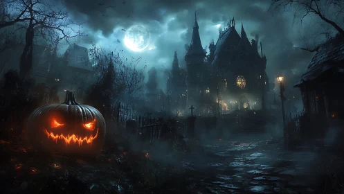 Jack o lantern grins before a moonlit haunted manor.