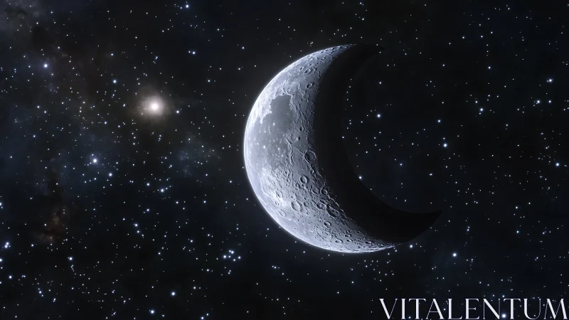 Silver crescent moon drifts softly through a starry night sky