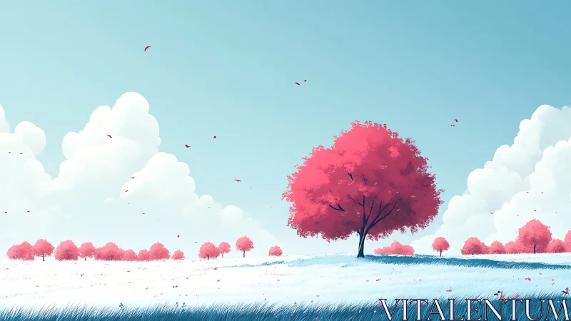 Single pink tree stands serene in stylized pastel meadow.