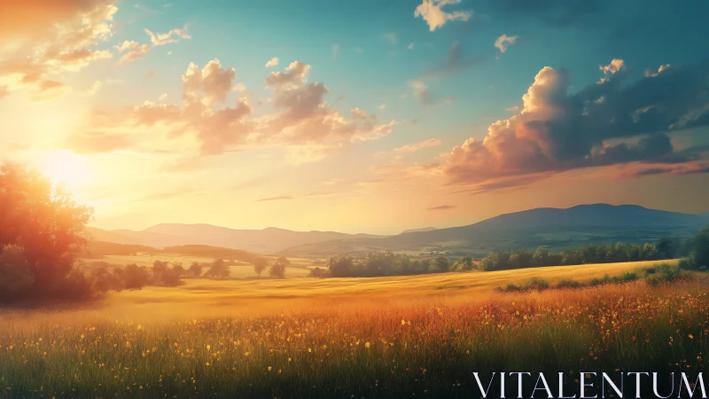 Digital landscape render depicts sunlit field and distant hills